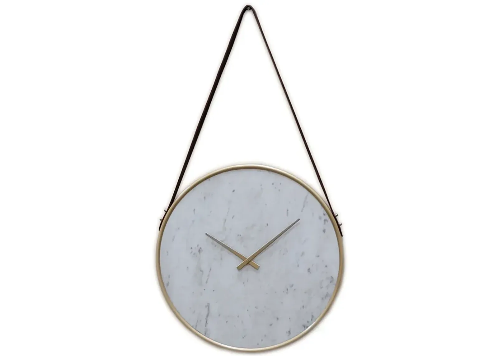 Decorative Contemporary Metal Wall Clock Marble Look Face, Gold Rim and Handles with Hanging Band, for Dining, Living Room, or Kitchen