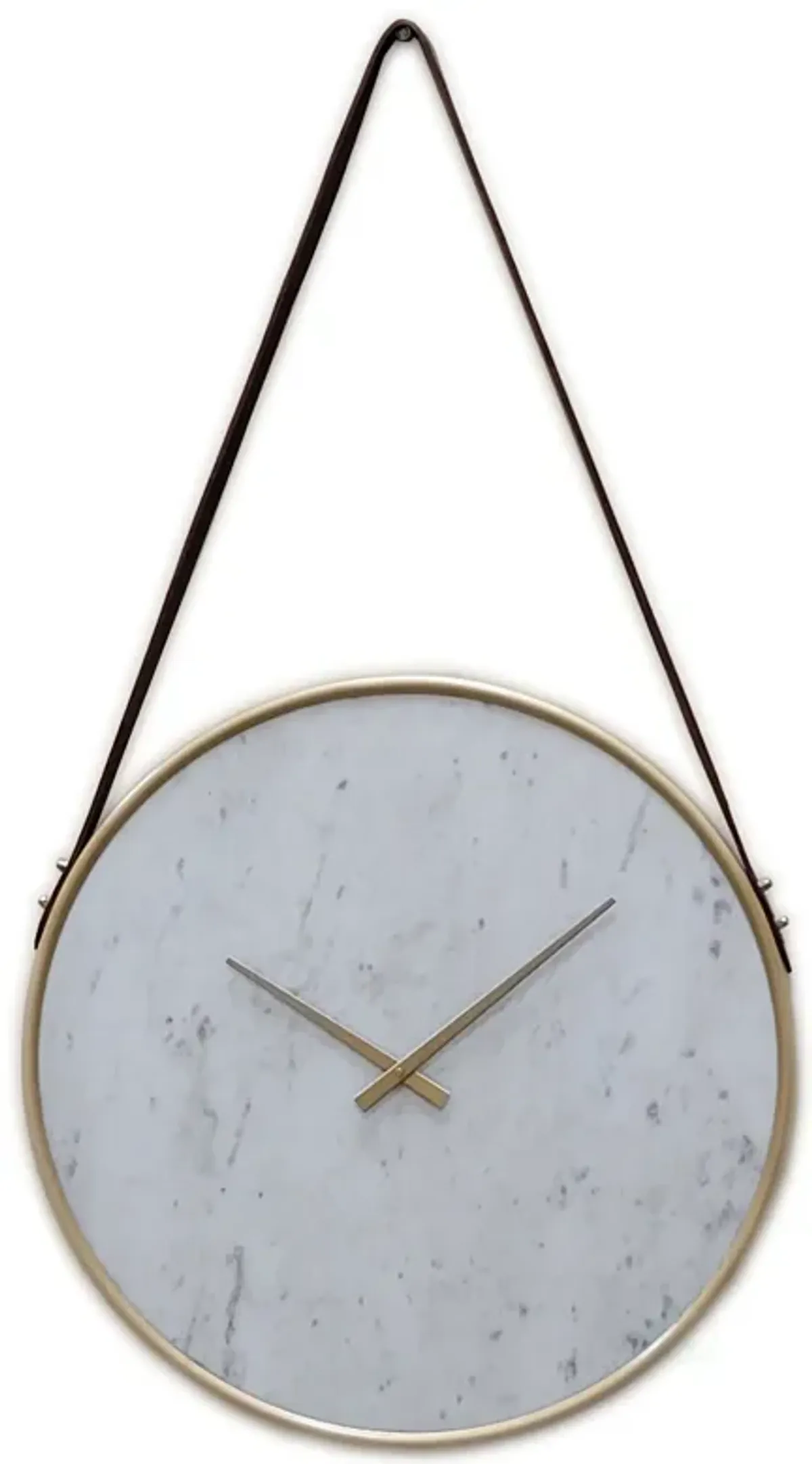 Decorative Contemporary Metal Wall Clock Marble Look Face, Gold Rim and Handles with Hanging Band, for Dining, Living Room, or Kitchen