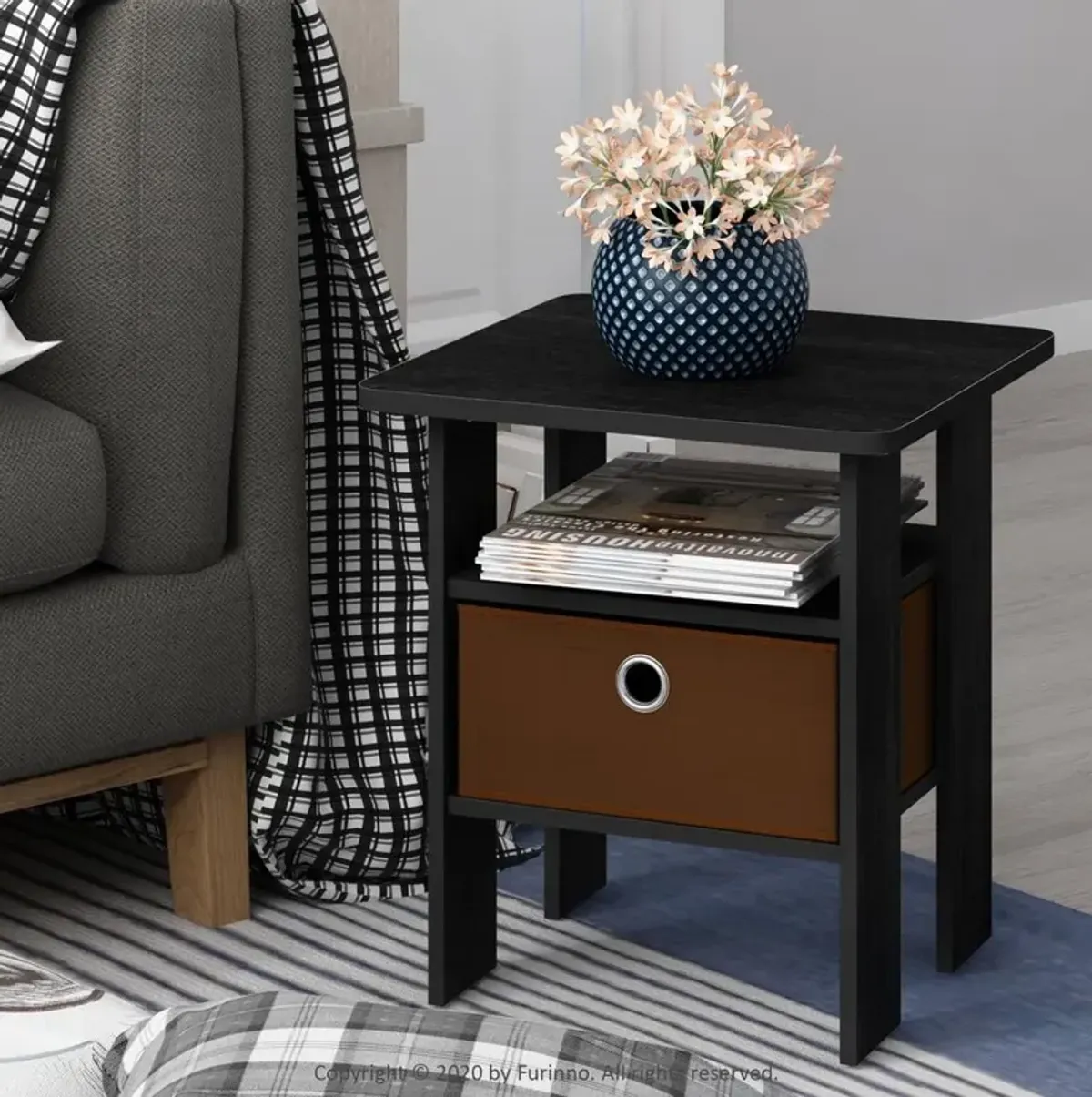 Furinno Andrey End Table Nightstand with Bin Drawer, Americano/Medium Brown, Set of 2