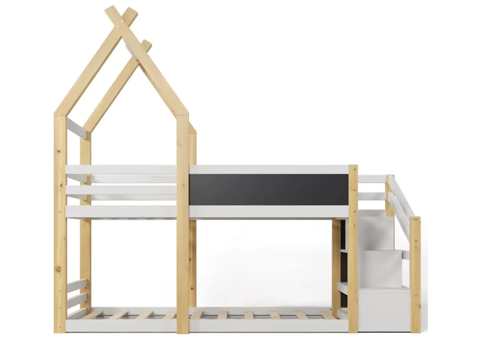 Merax House Kids Bunk Bed with White Storage Staircase