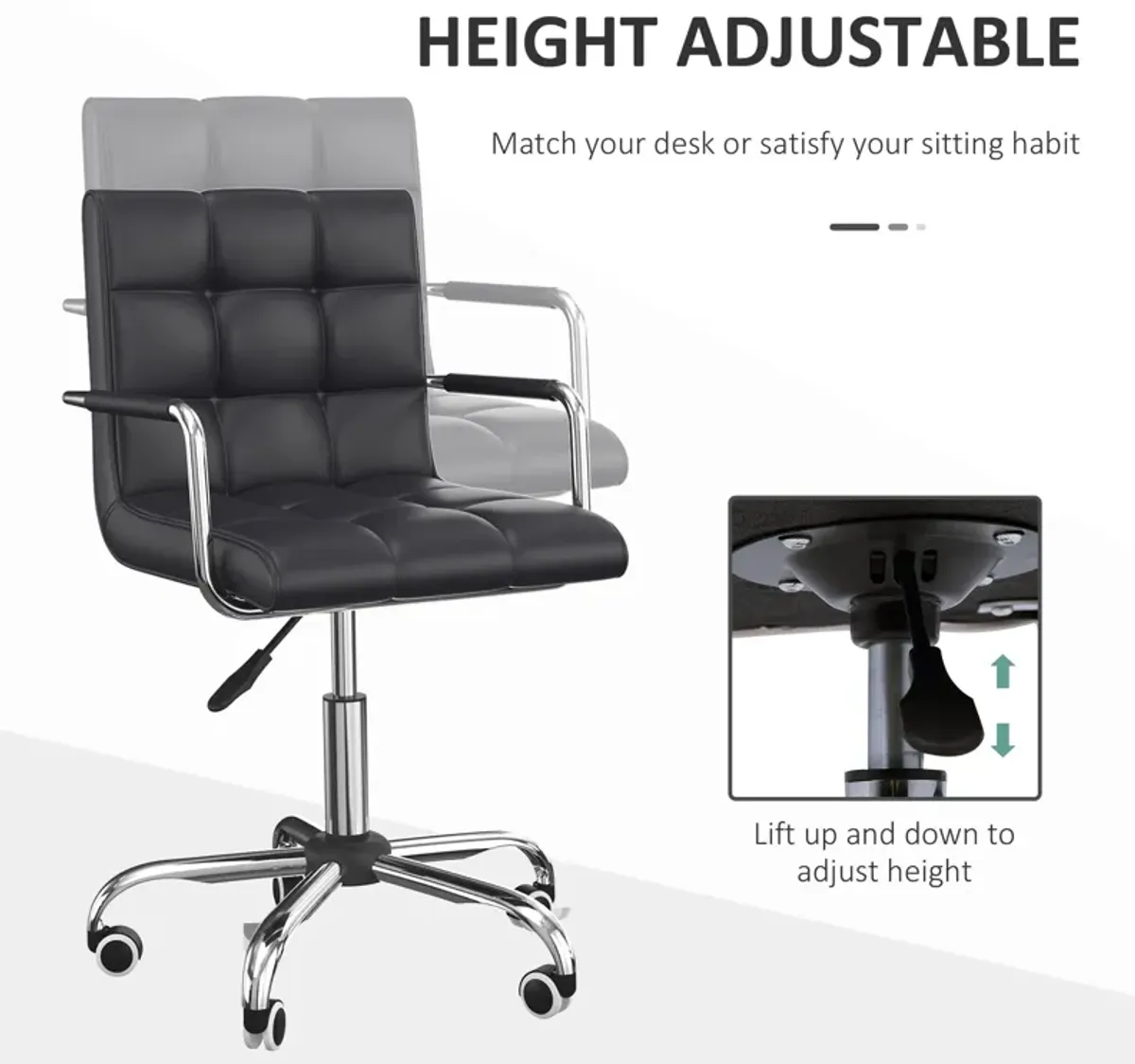 Ergonomic Task Seat: Black PU Leather Mid-Back Office Chair on Wheels