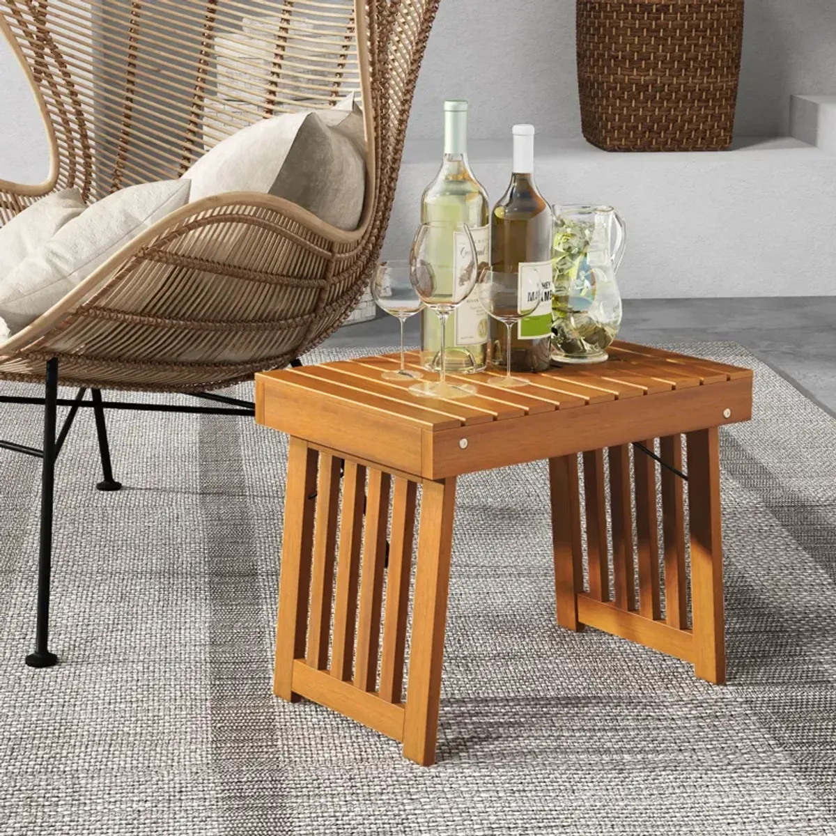 Patio Foldable Side Table with Slatted Tabletop for Backyard