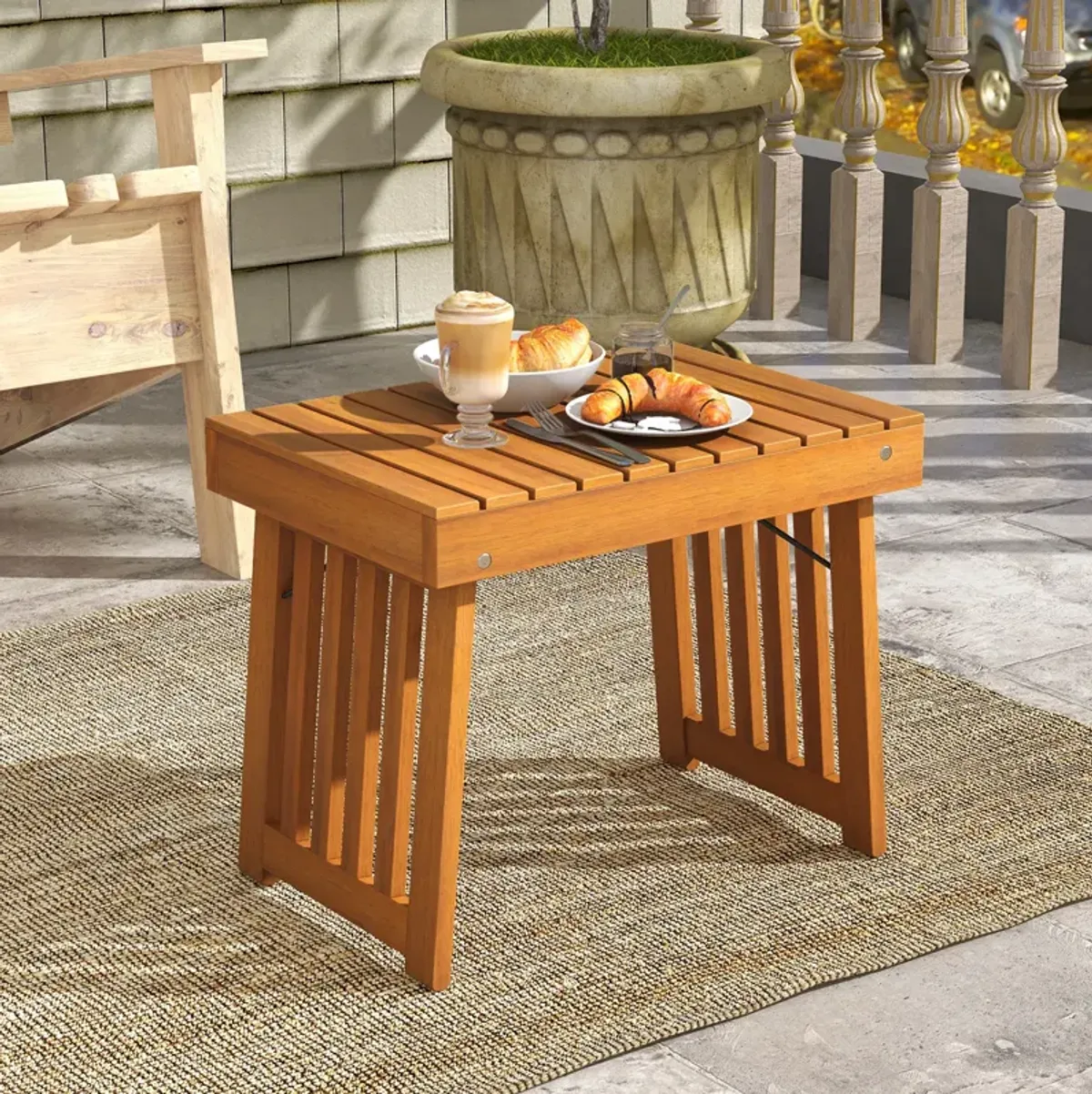 Patio Foldable Side Table with Slatted Tabletop for Backyard