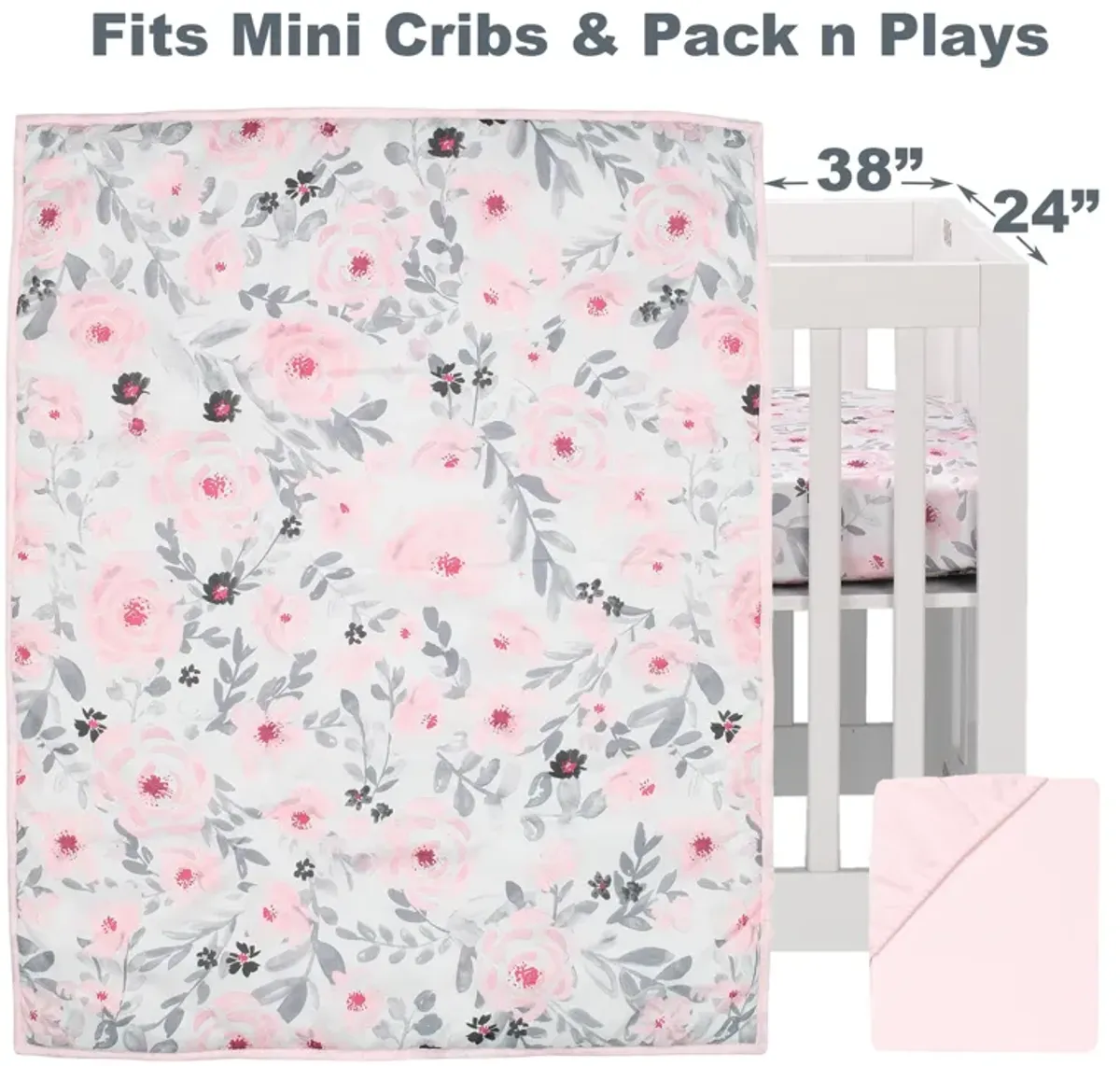 Bedtime Originals Blossom Pink Watercolor Floral 3-Piece Mini Crib Bedding Set