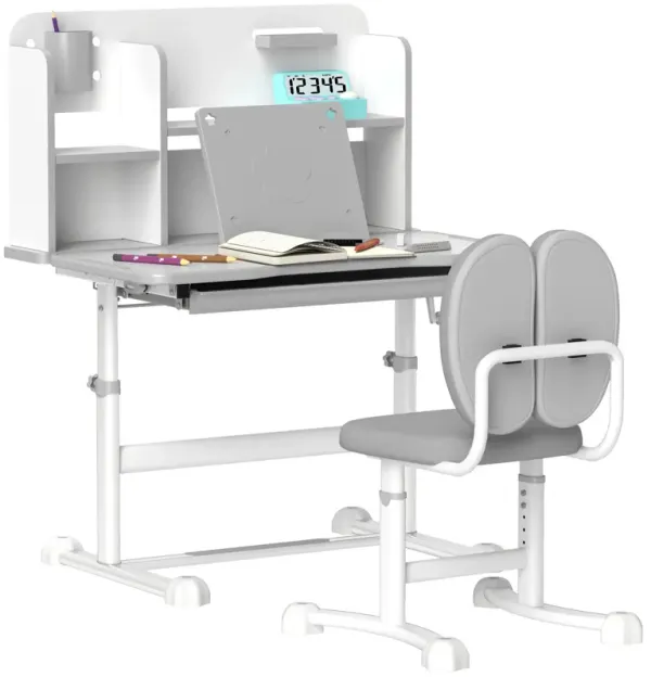 Qaba Kids Desk and Chair Set, Height Adjustable Kids School Study Desk and Chair Set with Tilt Desktop, Storage Drawer and Reading Rack for Writing, Reading and Drawing, Pink