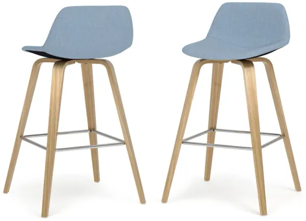 Randolph Mid-Century Modern 28 inch Bentwood Counter/ Bar Height Stool (Set of 2) with Light Wood in Denim Blue Polyester linen