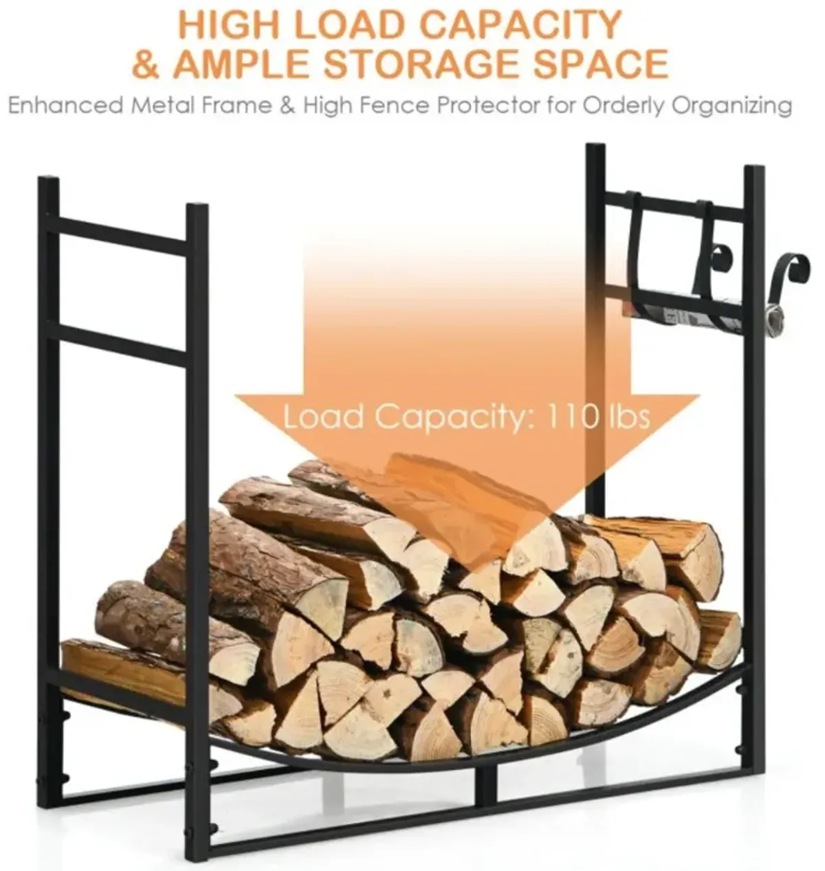 Hivvago 33 Inch Firewood Rack with Removable Kindling Holder Steel Fireplace Wood