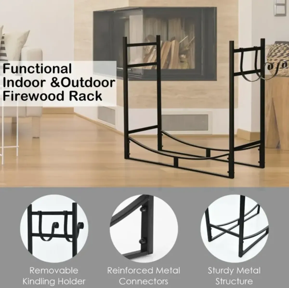 Hivvago 33 Inch Firewood Rack with Removable Kindling Holder Steel Fireplace Wood