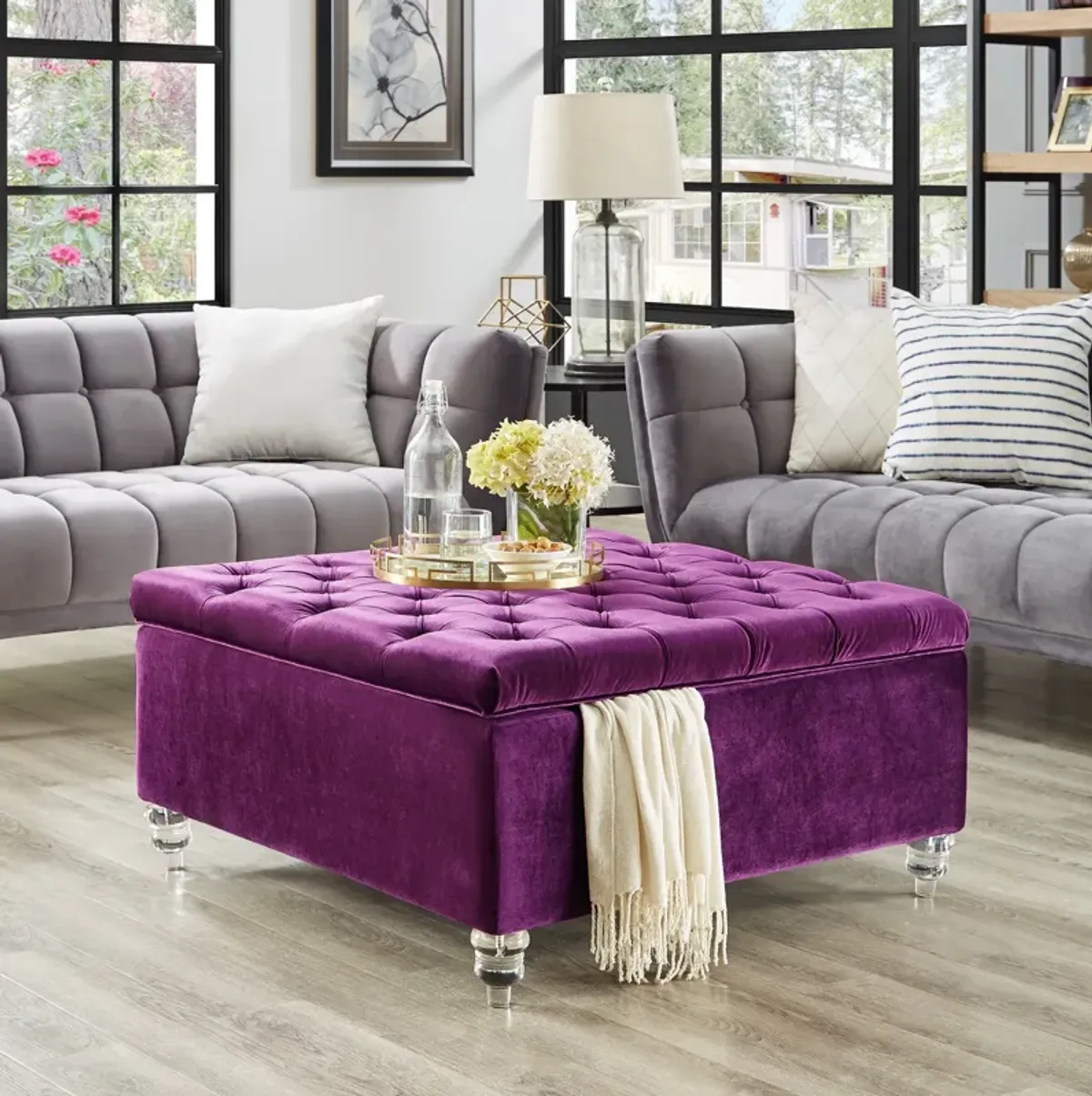 Inspired Home Santiago Velvet Cocktail Storage Ottoman Coffee Table