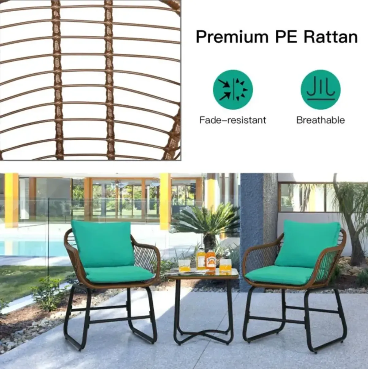 Hivvago 3 Pieces Patio Rattan Bistro Set with Cushions and Glass Table