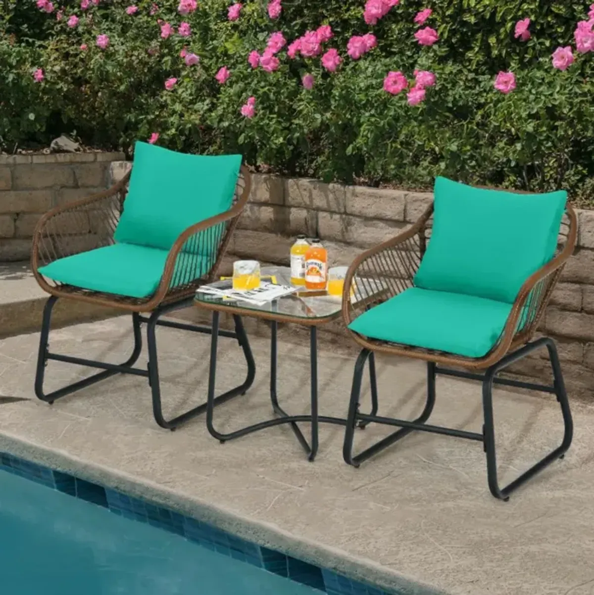 Hivvago 3 Pieces Patio Rattan Bistro Set with Cushions and Glass Table