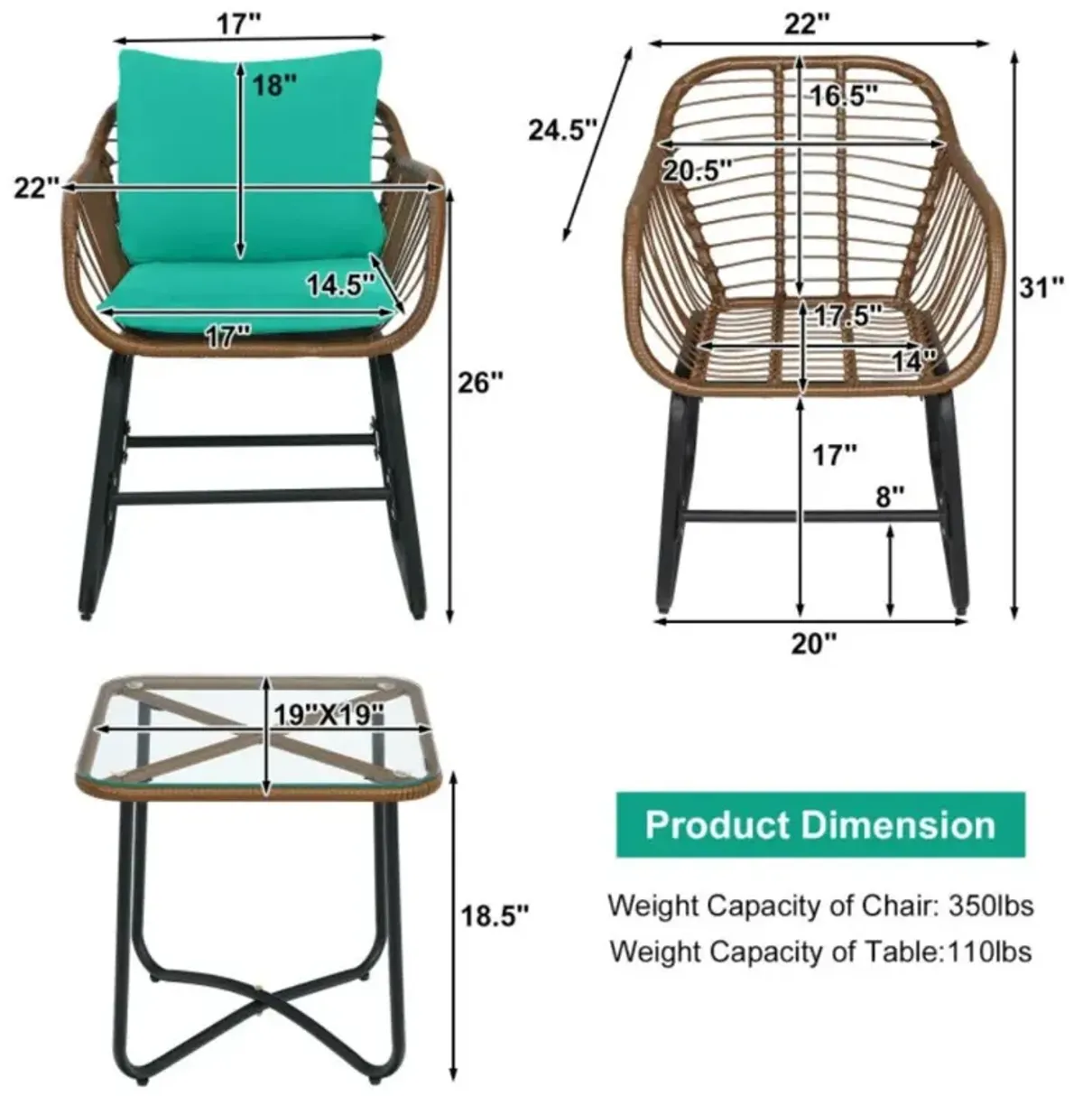 Hivvago 3 Pieces Patio Rattan Bistro Set with Cushions and Glass Table