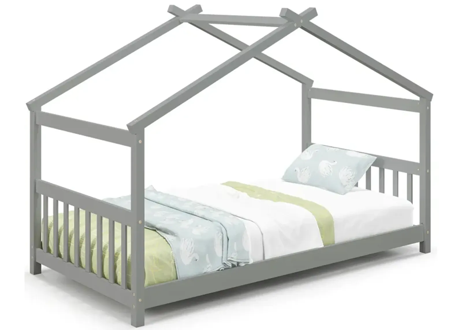 Twin Size Wooden House Bed with Roof-Gray