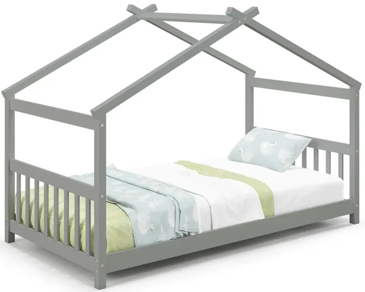 Twin Size Wooden House Bed with Roof-Gray