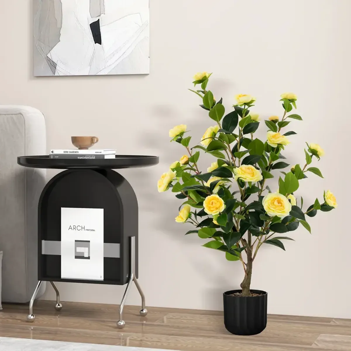 38 Inch Artificial Camellia Tree Faux Flower Plant in Cement Pot