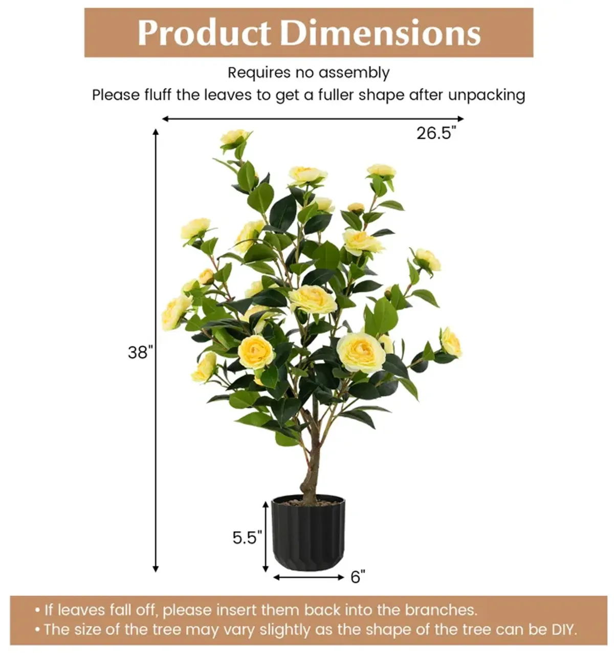 38 Inch Artificial Camellia Tree Faux Flower Plant in Cement Pot