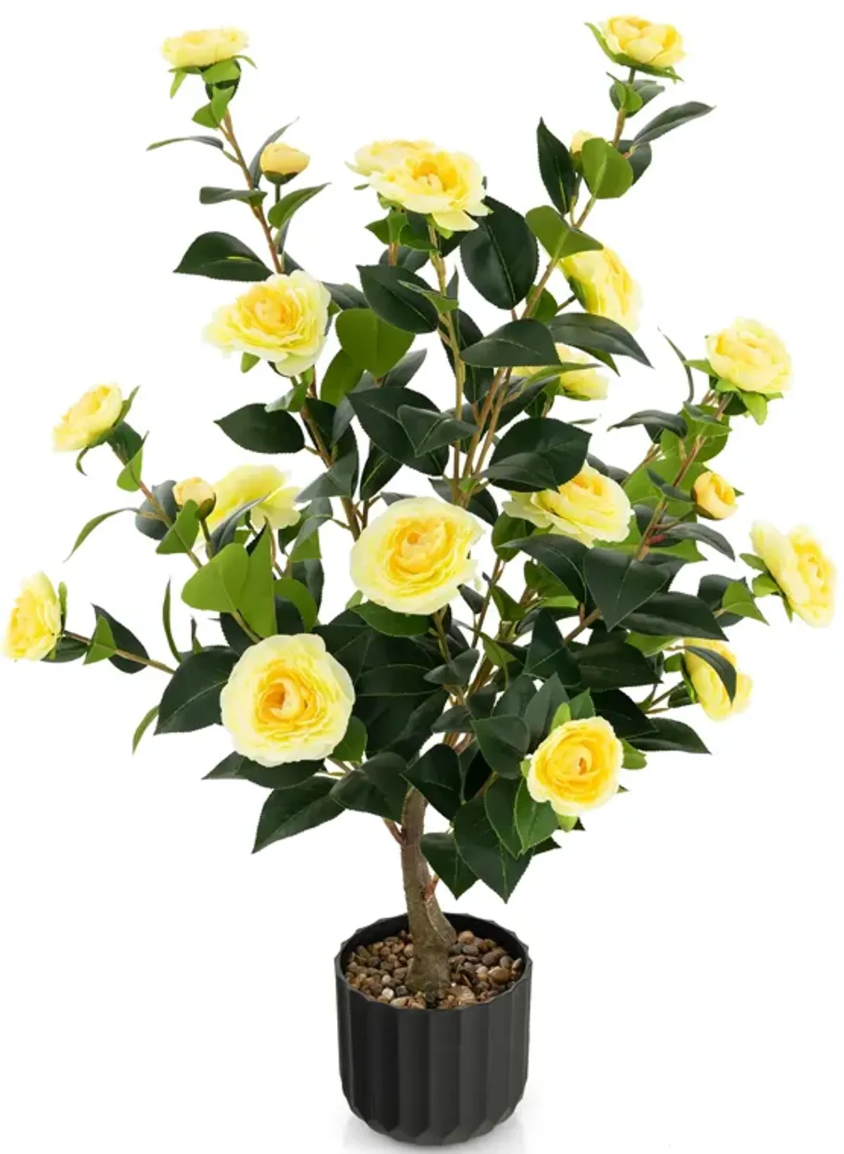 38 Inch Artificial Camellia Tree Faux Flower Plant in Cement Pot