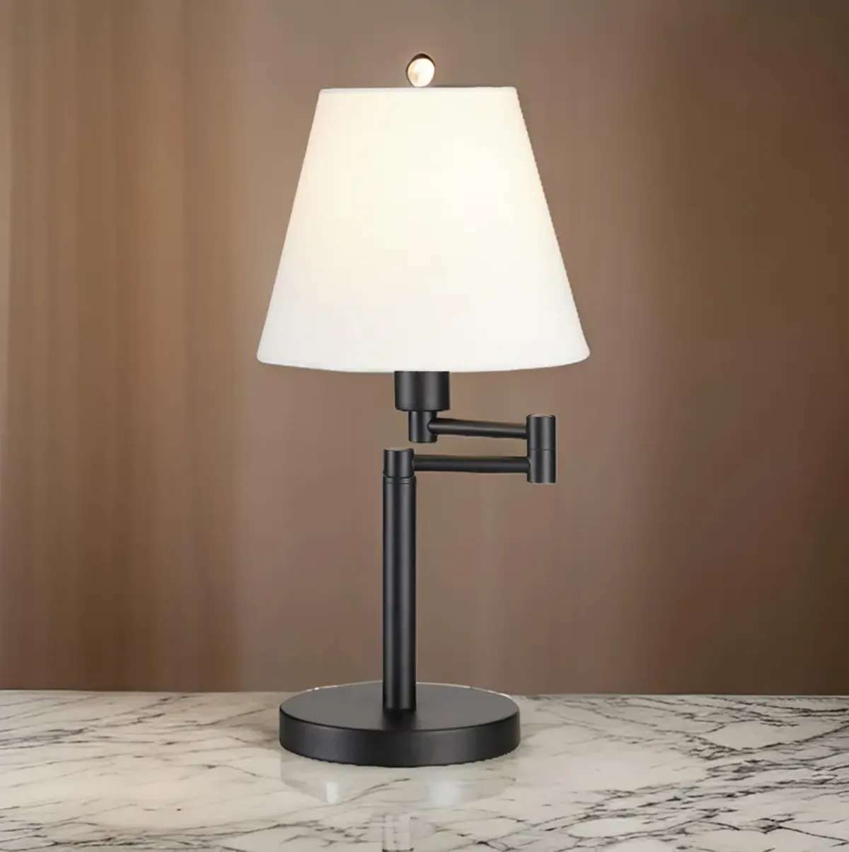 20 Inch Table Lamp, Off White Fabric Empire Shade, Swing Arm, Matte Black  - Benzara