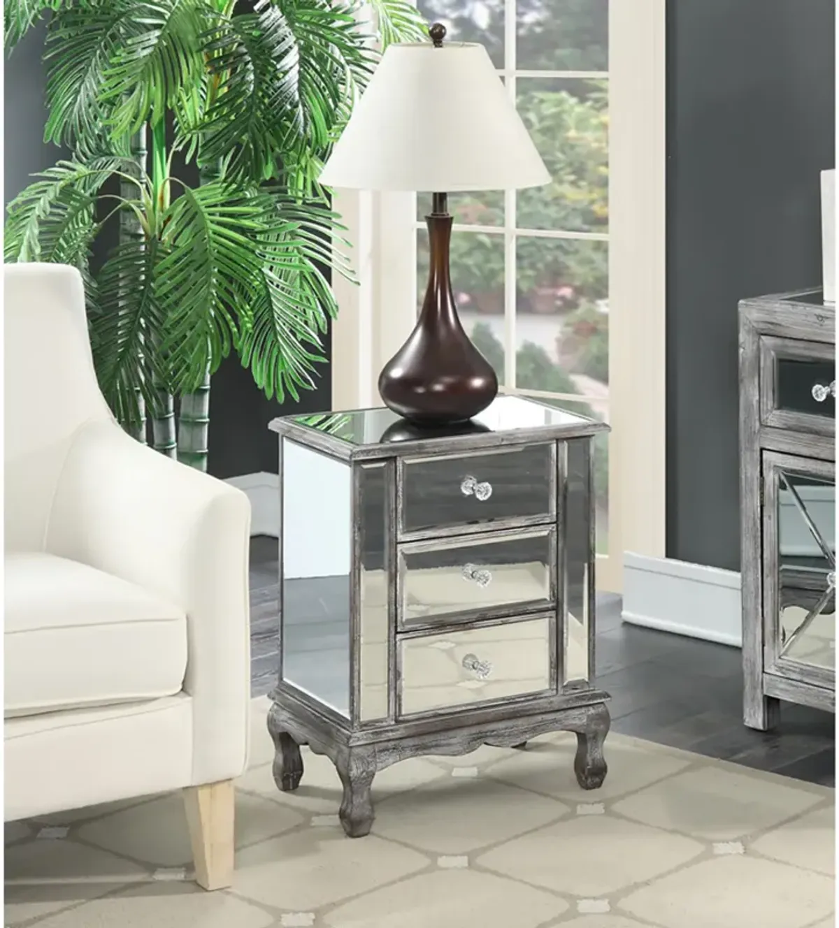 Convenience Concepts Gold Coast Collection 3-Drawer End Table, 19"L x 12"W x 24.75"H, Weathered Gray/Mirror