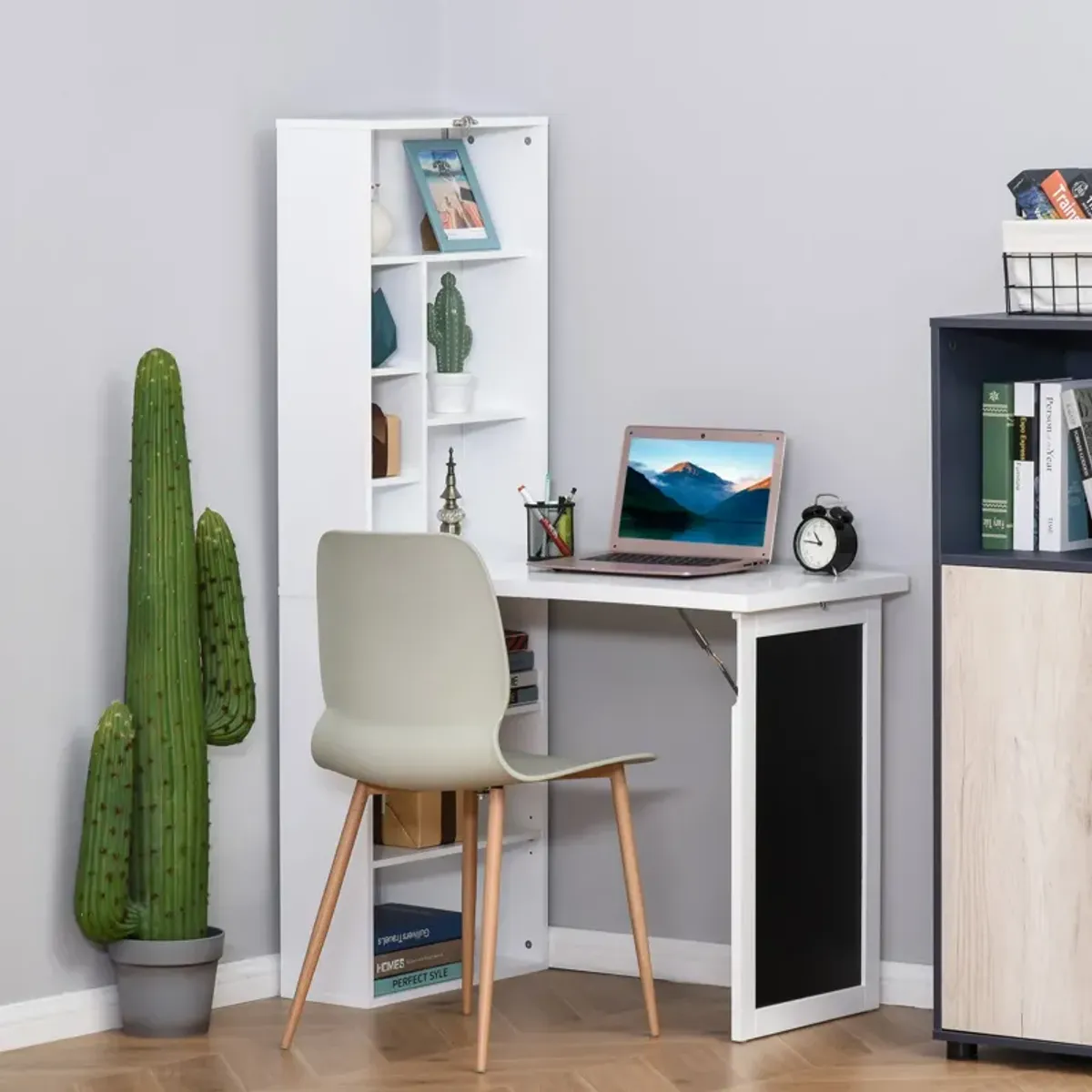 White Folding Workstation: Convertible Desk with Blackboard