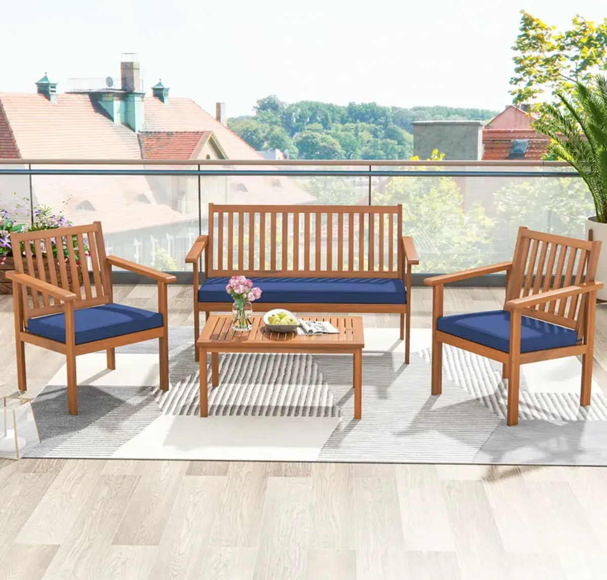 4 Piece Patio Wood Furniture Set Acacia Wood Sofa Set with Loveseat