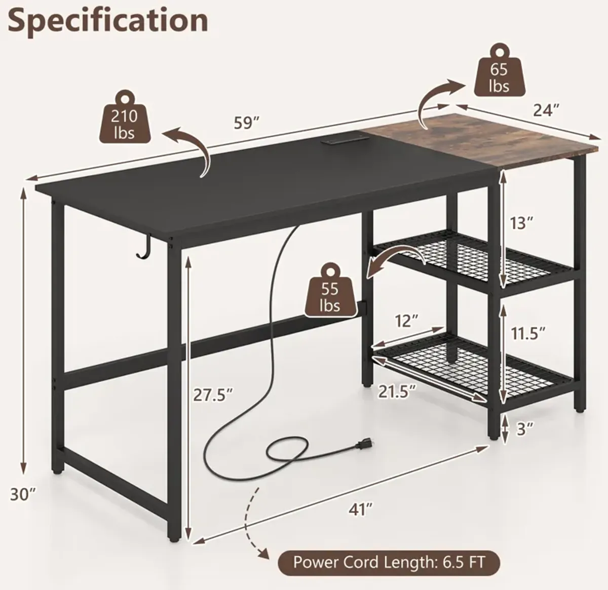 59 Inch Home Office Computer Desk with Removable Storage Shelves