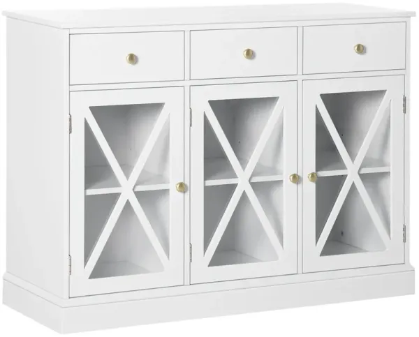White Farmhouse Buffet: Modern Sideboard with Bronze Handle, Glass Barn Door, 3 Drawers