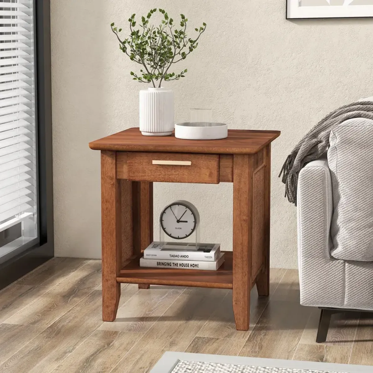 Rattan Nightstand End Table with Drawer and Storage Shelf-Walnut
