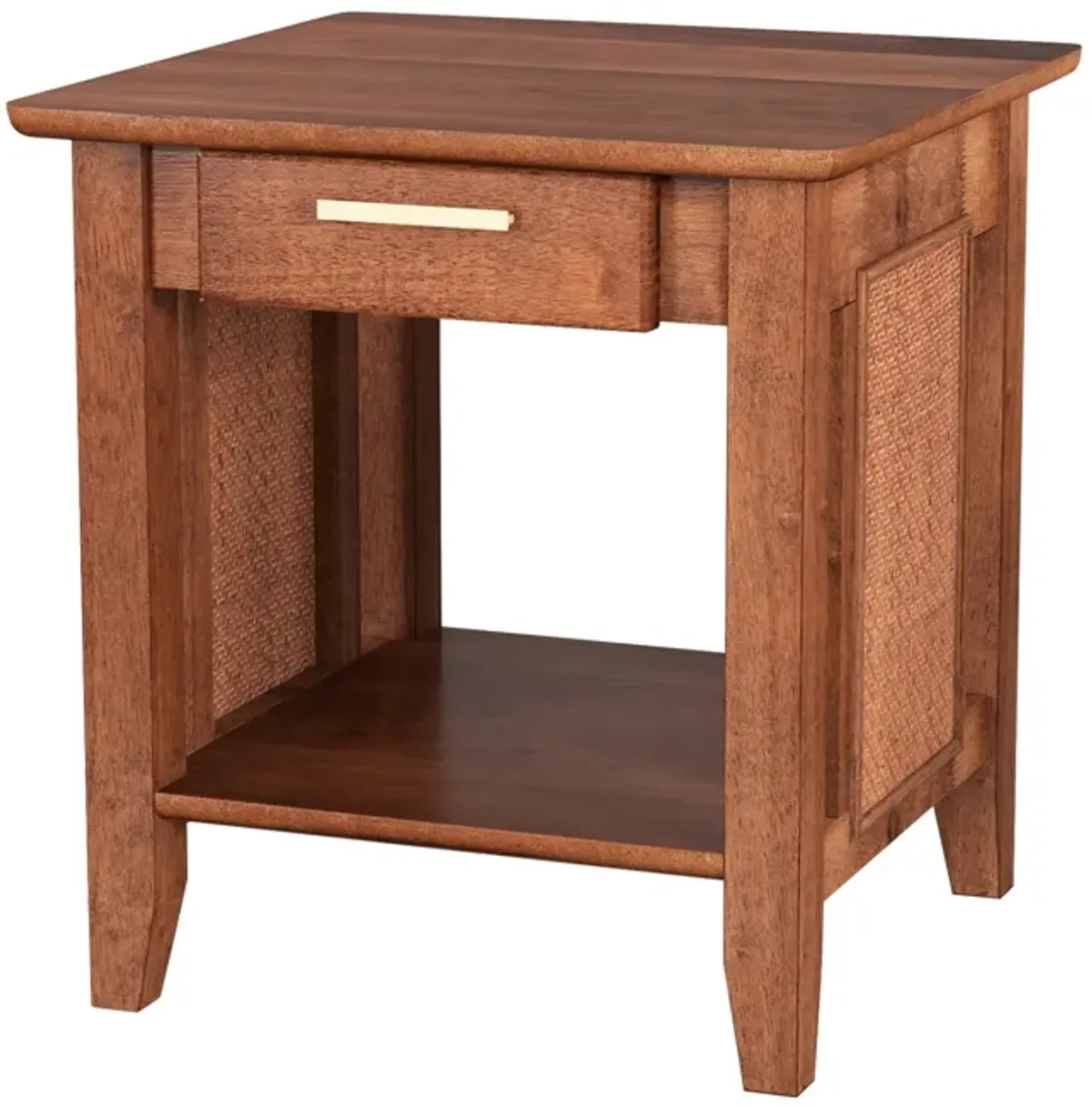 Rattan Nightstand End Table with Drawer and Storage Shelf-Walnut