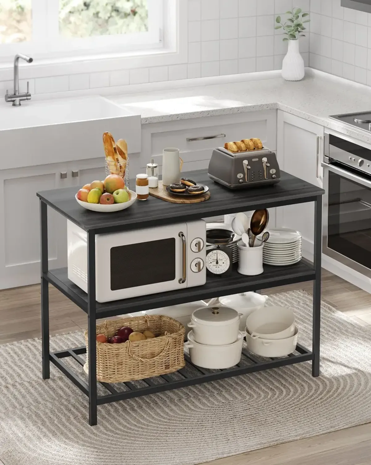 Kitchen Island with 3 Shelves and Large Worktop