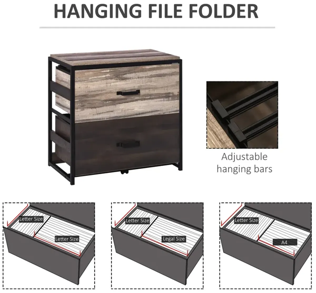 Brown/Black File Storage: 2-Drawer Office Cabinet with Adjustable Bars