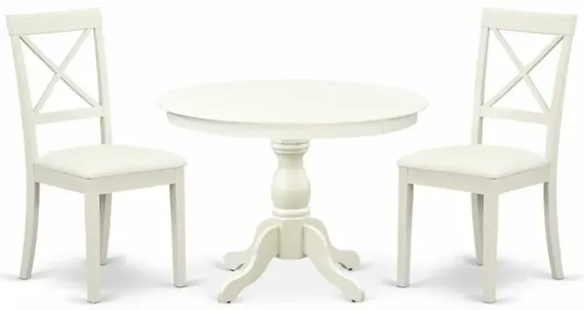 East West Furniture HBBO3-LWH-C 3 Piece Dining Room Set - Linen White Wood Table and 2 Linen White Faux Leather Dining Room Chairs with X-Back - Linen White Finish