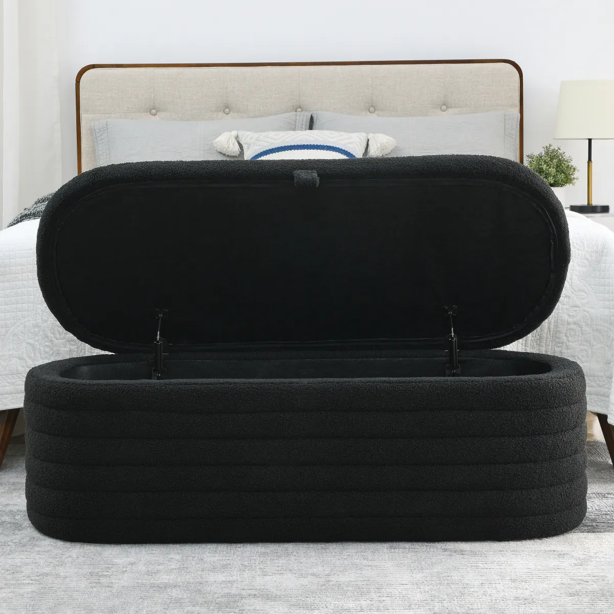 Length 45.5 inchesStorage Ottoman Bench Upholstered Fabric Storage Bench End of Bed Stool with Safety Hinge for Bedroom, Living Room, Entryway, Black teddy.