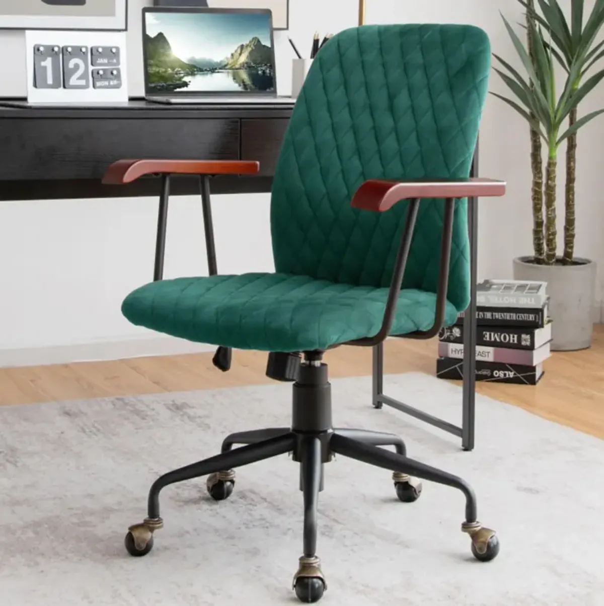 Hivvago Velvet Home Office Chair with Wooden Armrest