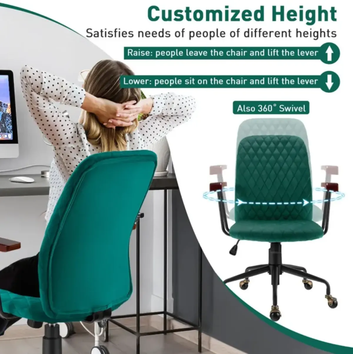 Hivvago Velvet Home Office Chair with Wooden Armrest