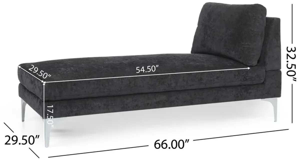 Yeni Chaise Lounge, 66 Inch, Modern Bracket Iron Legs, Soft Black Fabric