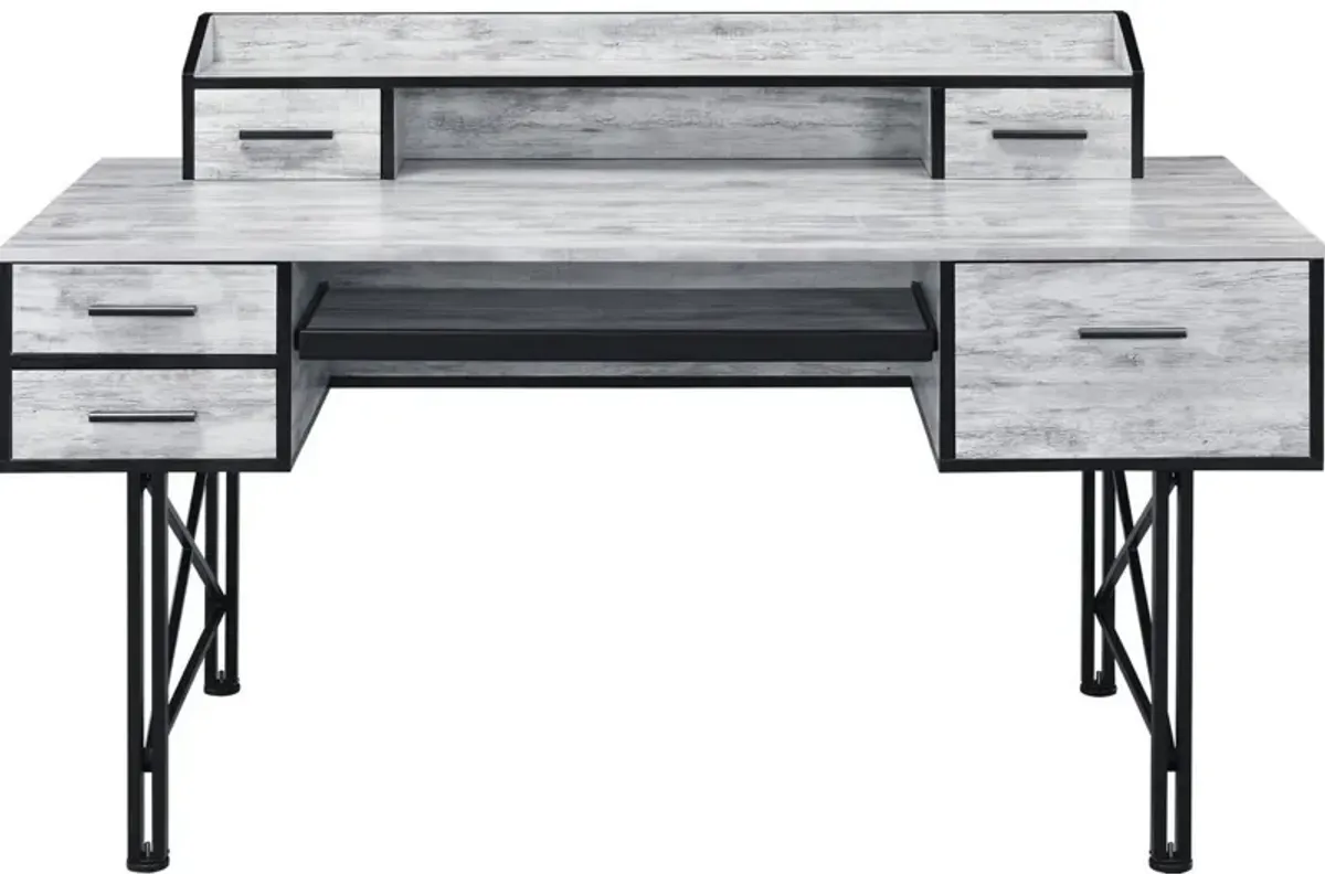 Computer Desk with 5 Drawers and Grains, Antique White and Black-Benzara