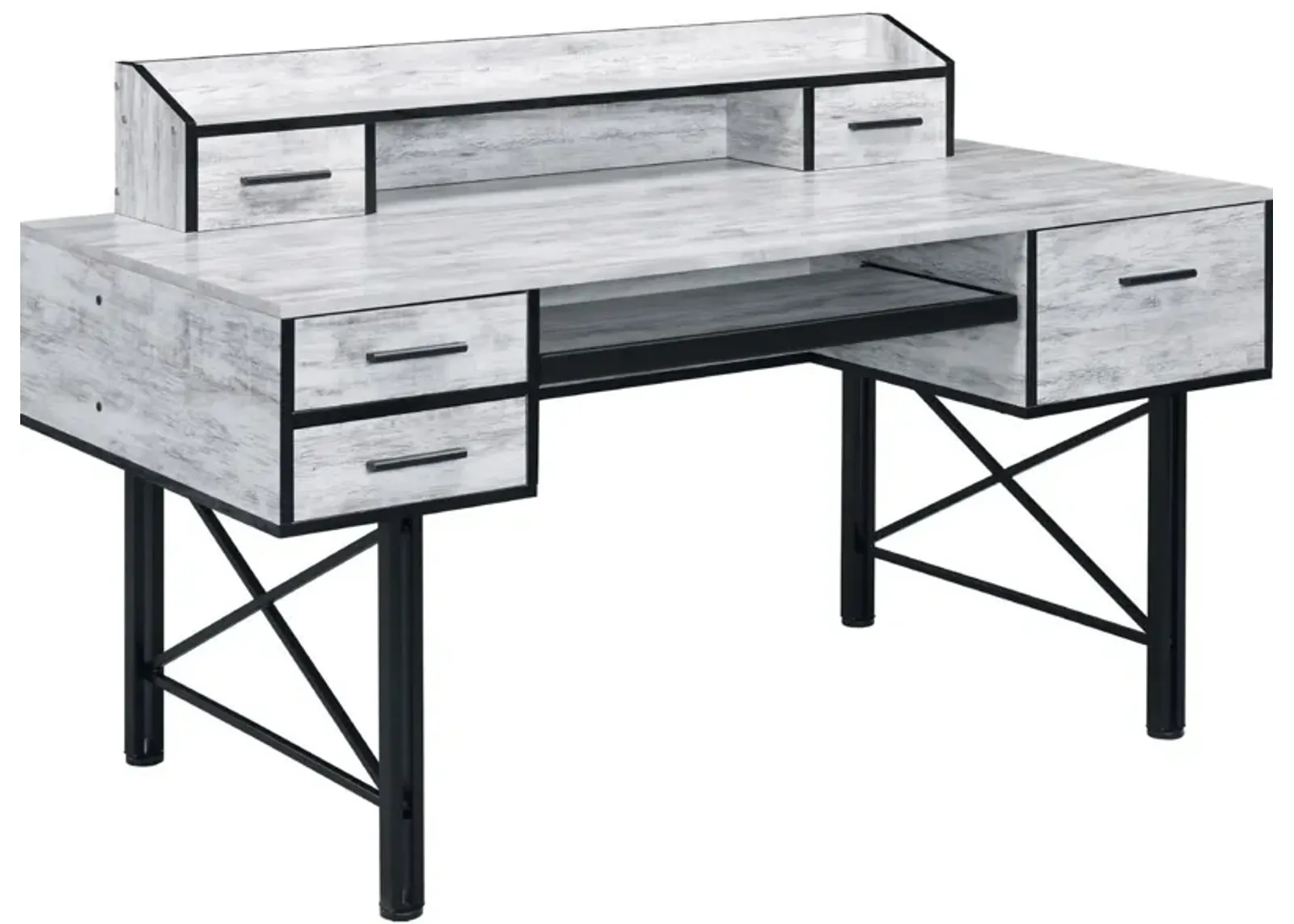 Computer Desk with 5 Drawers and Grains, Antique White and Black-Benzara