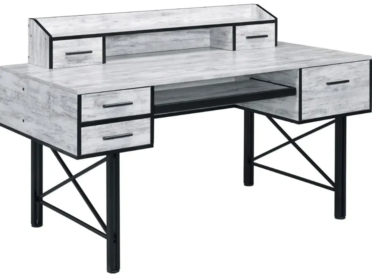 Computer Desk with 5 Drawers and Grains, Antique White and Black-Benzara