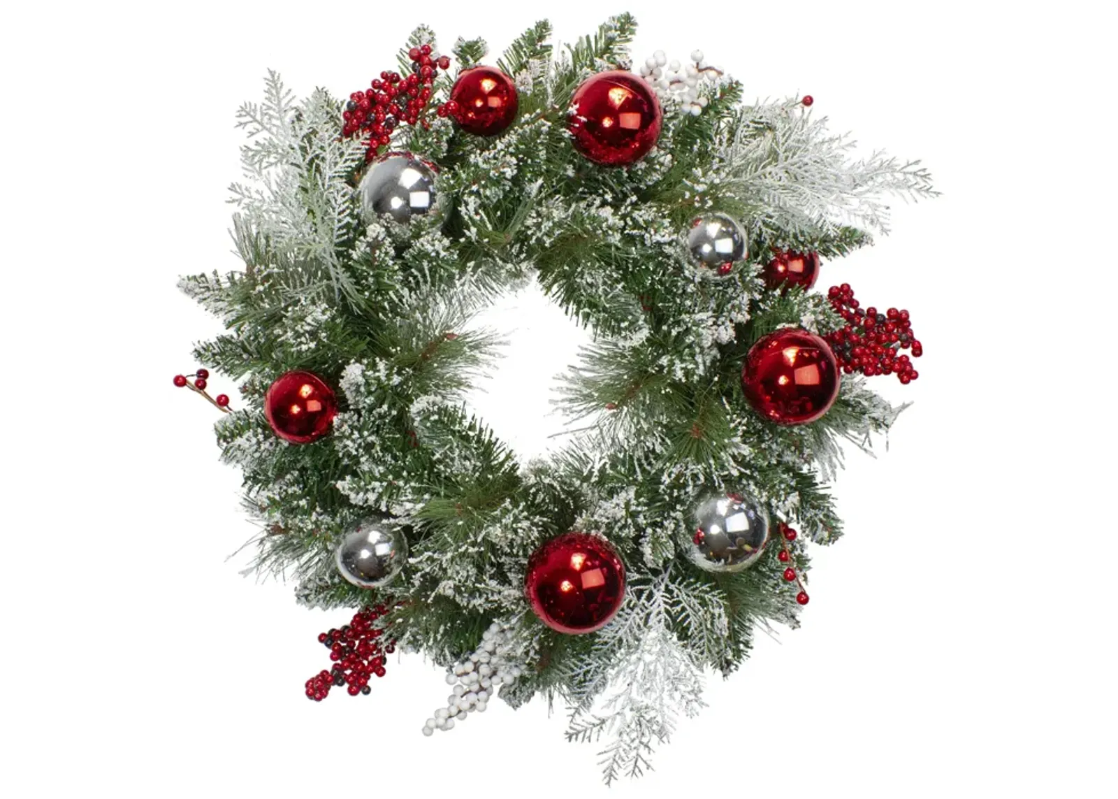 Flocked Mixed Pine with Ornaments and Berries Artificial Christmas Wreath  24-Inch  Unlit