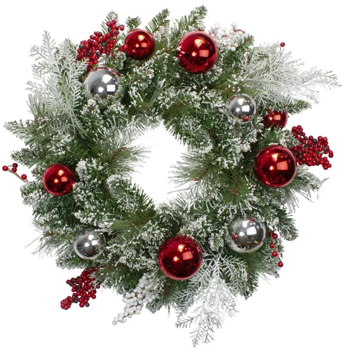 Flocked Mixed Pine with Ornaments and Berries Artificial Christmas Wreath  24-Inch  Unlit