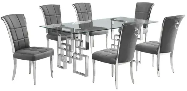7-piece glam dining set with 6 dark grey chairs and a 79" long glass  table