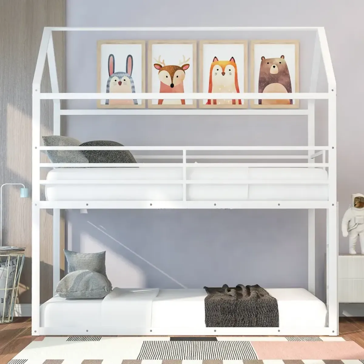 Bunk Beds For Kids Twin Over Twin, House Bunk Bed Metal Bed Frame Built-In Ladder