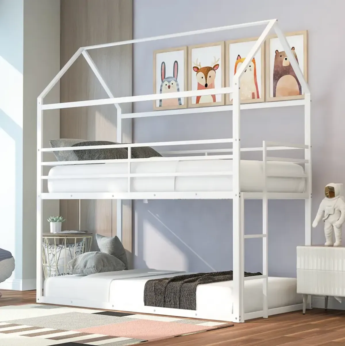 Bunk Beds For Kids Twin Over Twin, House Bunk Bed Metal Bed Frame Built-In Ladder