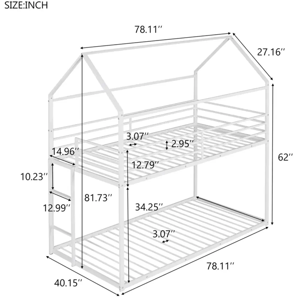 Bunk Beds For Kids Twin Over Twin, House Bunk Bed Metal Bed Frame Built-In Ladder