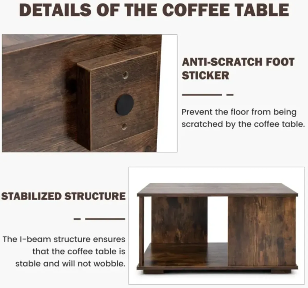 Hivvago 2 Tiers Square Coffee Table with Storage and Non-Slip Foot Pads