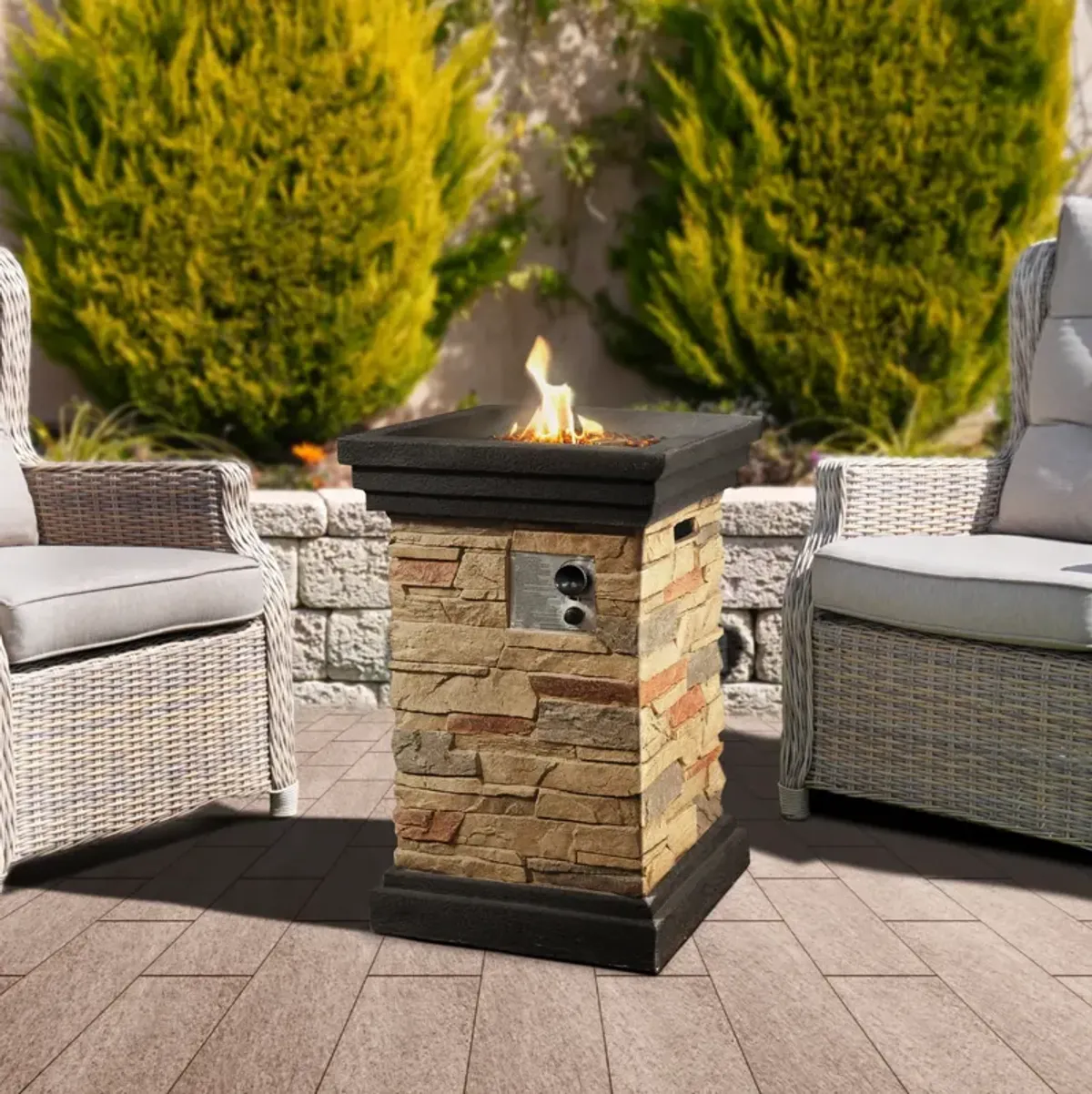 Teamson Home 19" Outdoor Square Slate Rock Propane Gas Fire Pit with Steel Base, Natural Stone