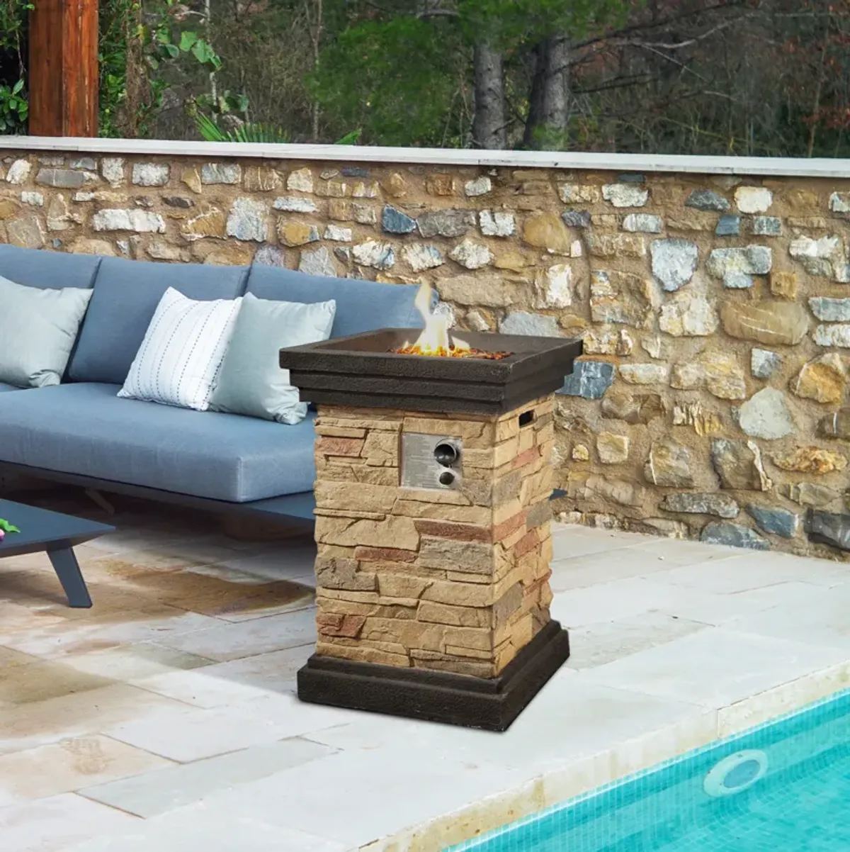 Teamson Home 19" Outdoor Square Slate Rock Propane Gas Fire Pit with Steel Base, Natural Stone