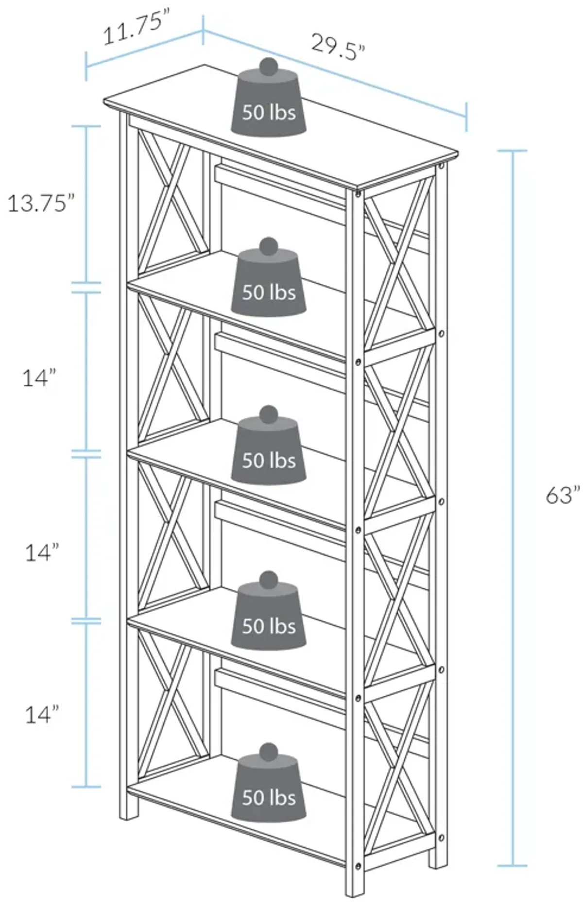 Casual Home Montego Bookcase, 5-Shelf, White,324-51