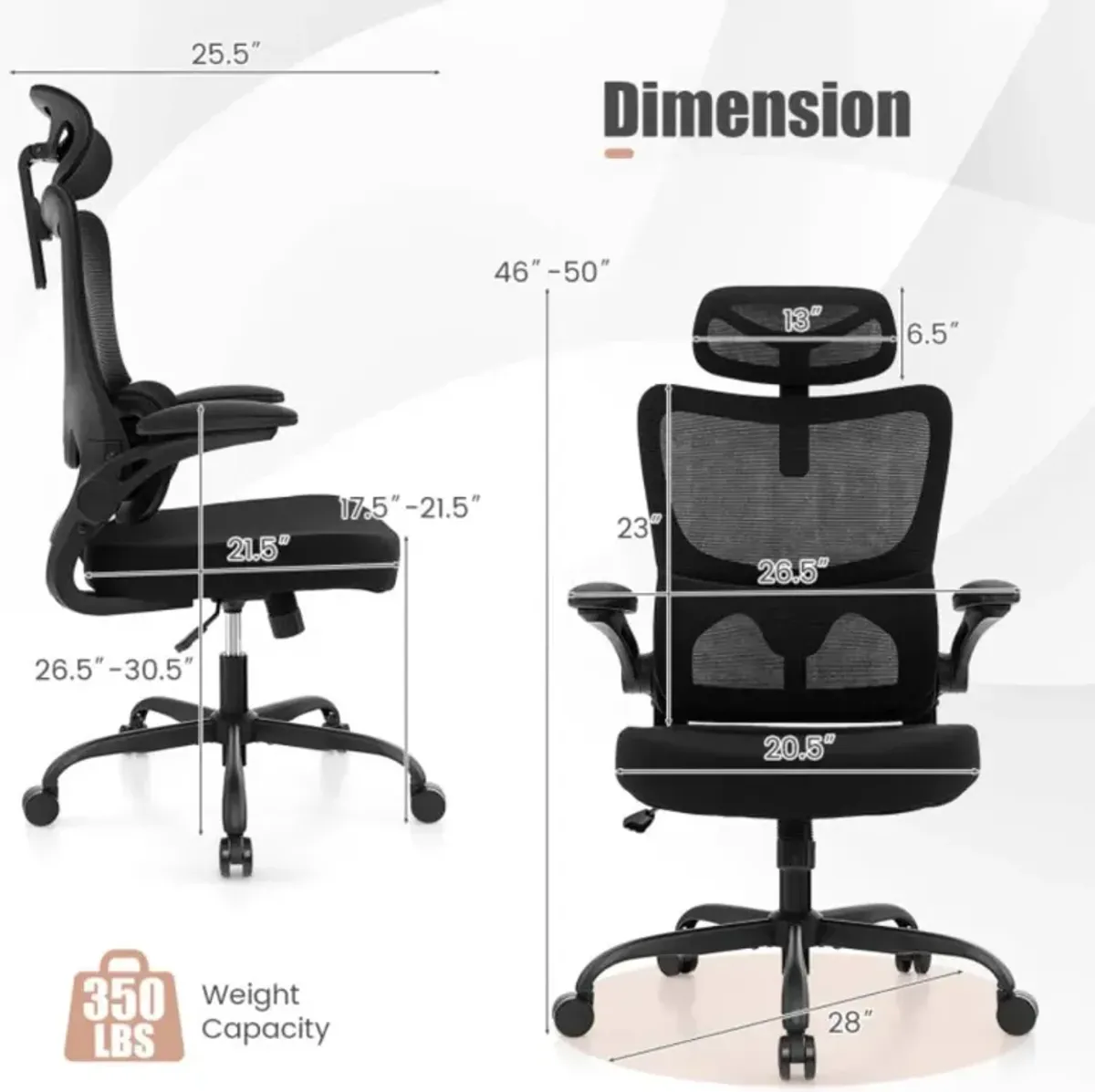 Hivvago Mesh Office Chair with Adaptive Lumbar Support  Flip-up Armrests  Reclining Backrest-Black